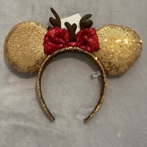 Disney Gold Red Sequin Reindeer Mickey Mouse Ears Christmas Holiday Neon Tuesday